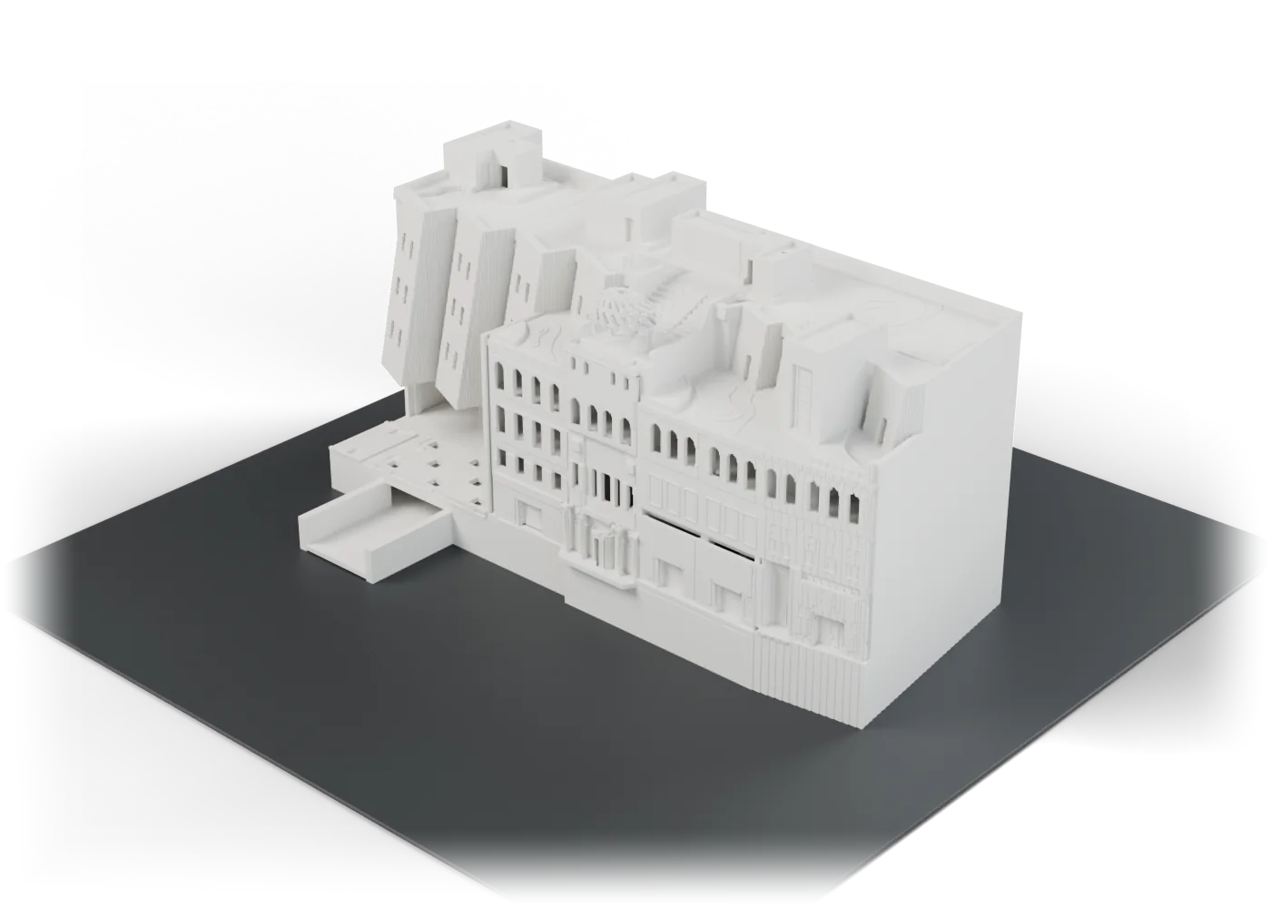 Front-right view of the same PrintBIM print model, showing facade detail at 1:250
