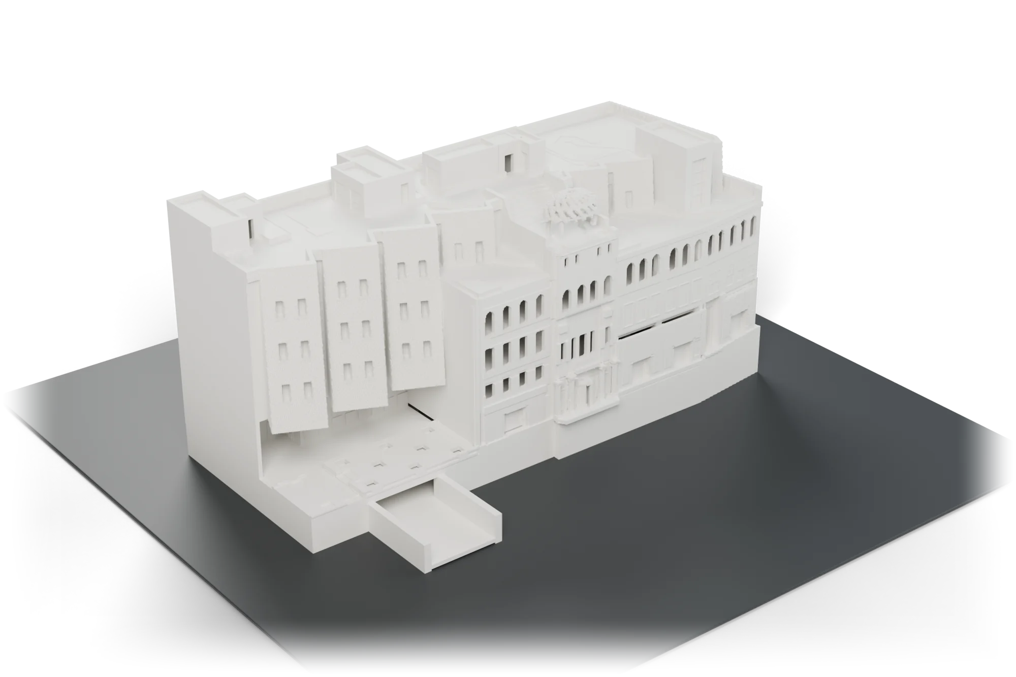 3D-printable model of the Snowdon Towers sample building, produced by PrintBIM, standing on a printer bed
